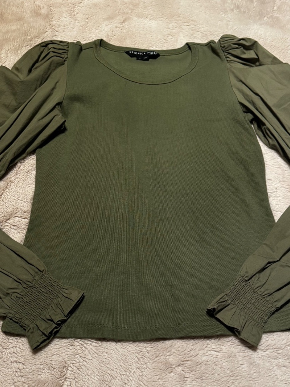 Veronica Beard Size Med Fawn Puff Sleeve Top Hunter Green NWOT Crew Neck